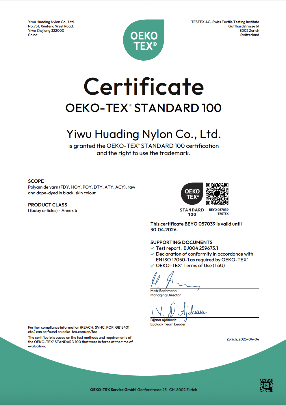 OEKO-TEX Standard 100 Certificate Preview - Dope-Dyed & Original Color Materials